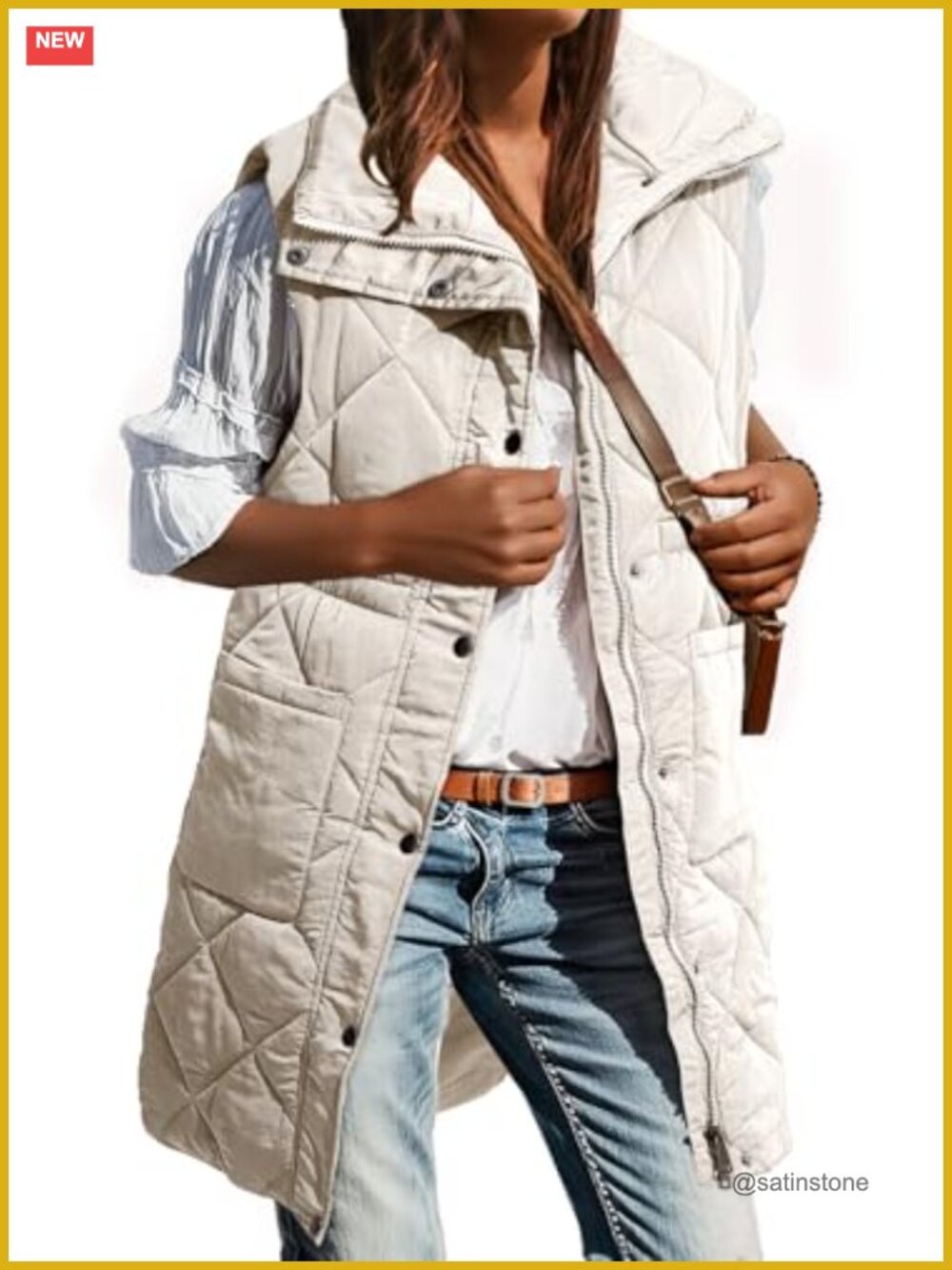 Women's Long Puffer Vest Stand Collar Sleeveless Puffy Coat with Pockets